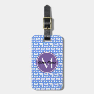 Lilac Monogram Blue and White Owl Pattern Luggage Tag