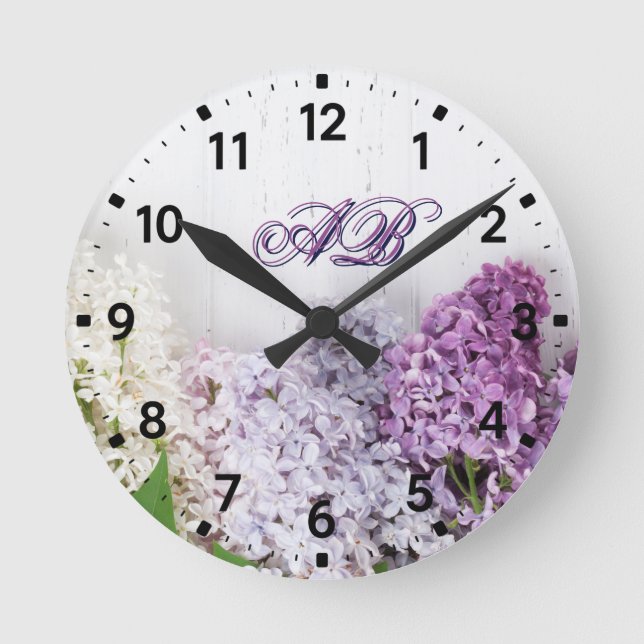 Lilac Monogram Wall Clock | Personalized Floral  (Front)