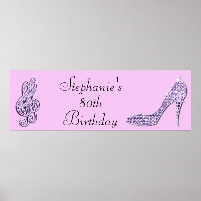 Lilac Music Note and Stiletto 80th Birthday Poster (Front)