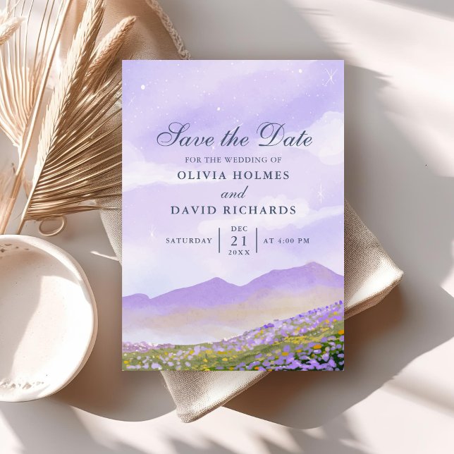 Lilac Night Sky Landscape Save the Date Invitation (Lilac Night Sky Landscape Save the Date Invitation on a neutral boho wedding table.)