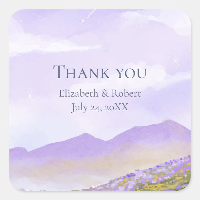 Lilac Night Sky Mountain Fields Wedding Thank You  Square Sticker (Front)