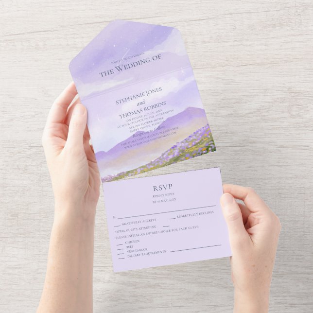 Lilac Night Sky Mountain Landscape All in One  Invitation (Tearaway)