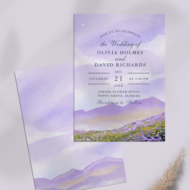 Lilac Night Sky Mountain Meadow Wedding Invitation (Lilac Night Sky Mountain Meadow Wedding Invitation on a lilac table.)