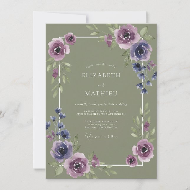 Lilac Olive Ranunculus Eucalyptus Wedding Invitation (Front)