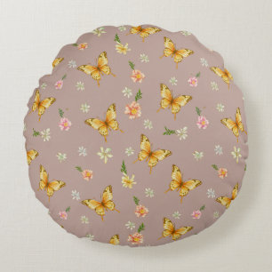Lilac Orange Floral Round Pillow