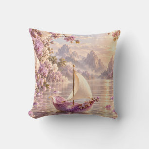 Lilac Orchid Sailboat Dreamy Mountain Lake Cushion