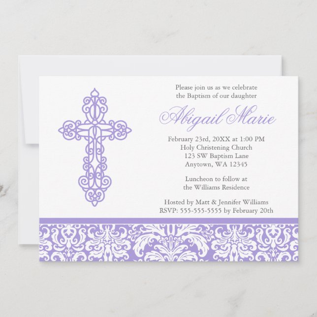 Lilac Ornate Cross Damask Girl Baptism Christening Invitation (Front)