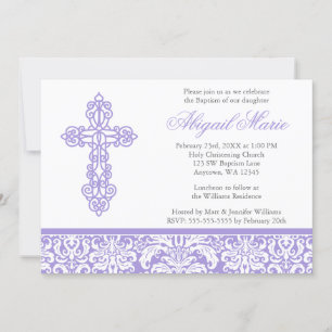 Lilac Ornate Cross Damask Girl Baptism Christening Invitation