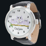 Lilac Owl Design Personalised Watch<br><div class="desc">Wrist watch owl design. You can customise this watch with any text of your choice. Should you require any help with customising then contact us through the message link on this page. Owl design personalised wrist watch.</div>