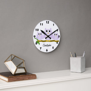Lilac Owls Design Personalised Round Clock