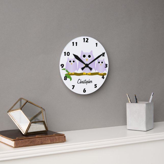 Lilac Owls Design Personalised Round Clock (Office)