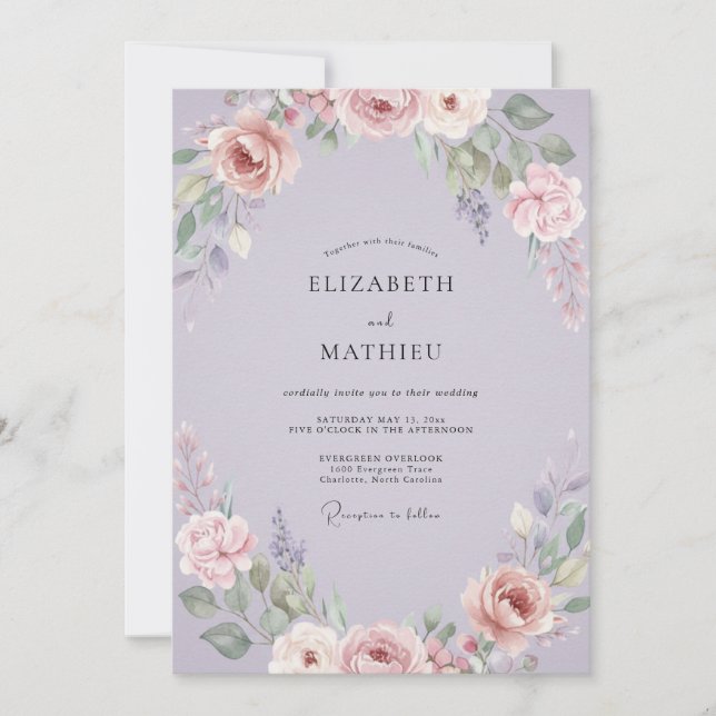 Lilac Painted Petal Wedding Invitation (Front)
