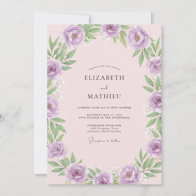 Lilac Pale Pink Leafy Wedding Invitation (Front)