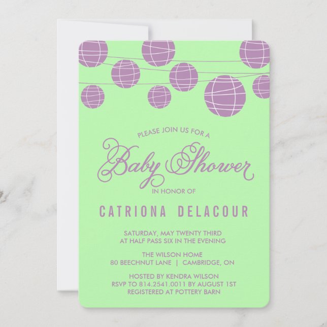 Lilac Paper Lanterns Green Baby Shower Invitation (Front)