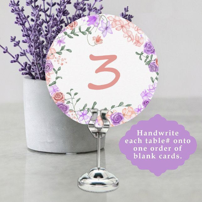 Lilac & Peach Floral Wedding Table Number Sign (wedding reception table number sign, purple lavender lilac peach rose pink roses border around edge)