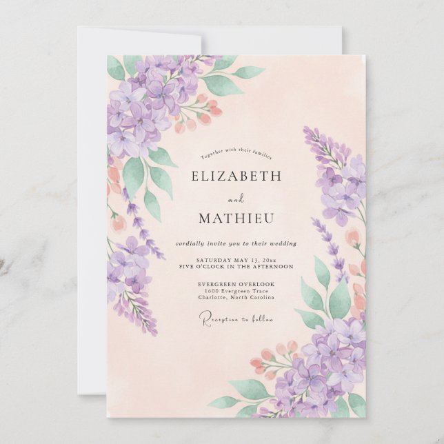 Lilac Peach Hydrangea Eucalyptus Wedding Invitation (Front)