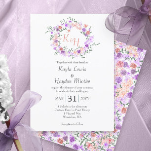 Lilac & Peach Rose Wreath Wedding Invitation