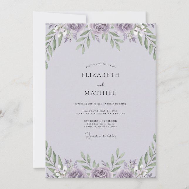 Lilac Peony Leafy Wedding Invitation (Front)
