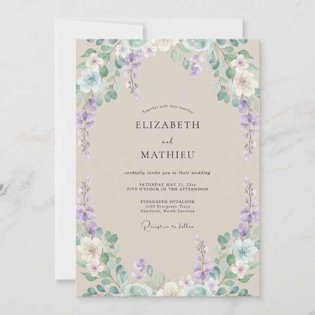 Lilac Periwinkle Wisteria Wedding Invitation (Front)