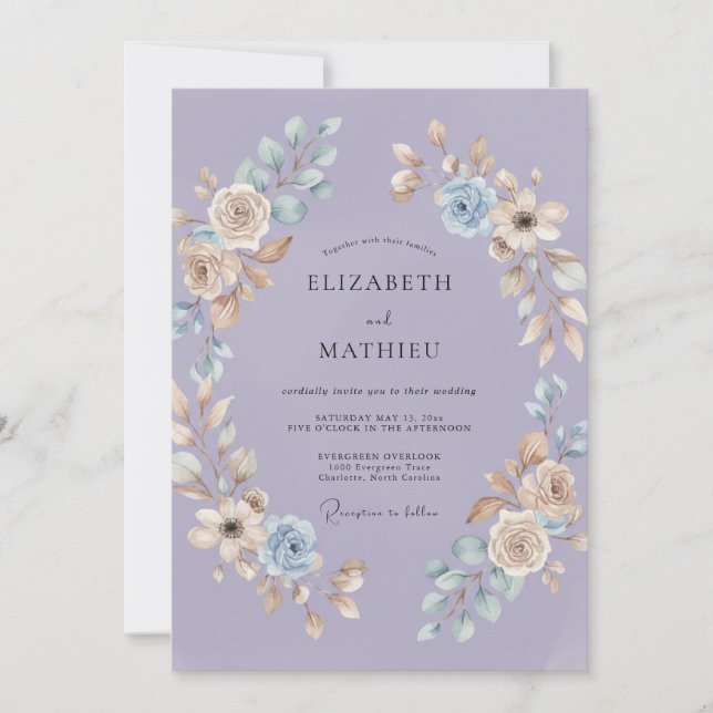 Lilac Periwinkle Wreath Wedding Invitation (Front)