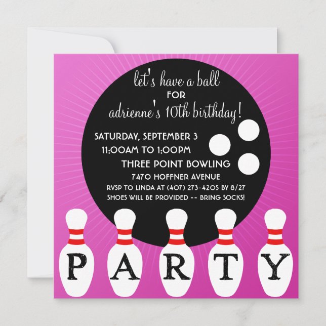 Lilac Pin Party Bowling Birthday Party Invitation (Front)