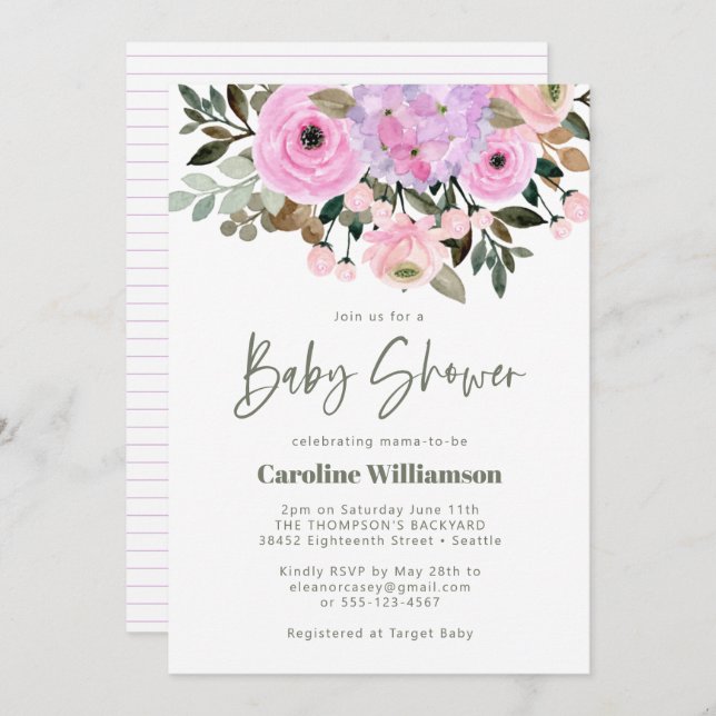 Lilac Pink Floral Bouquet Cute Baby Shower Invitation (Front/Back)