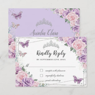 Lilac Pink Floral Roses Quinceañera Butterflies RSVP Card