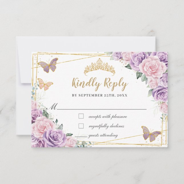 Lilac Pink Floral Roses Quinceañera Butterflies RSVP Card (Front)