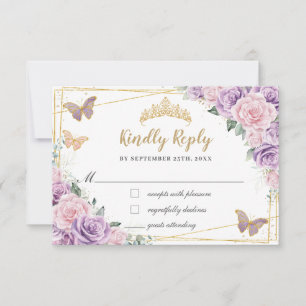Lilac Pink Floral Roses Quinceañera Butterflies RSVP Card