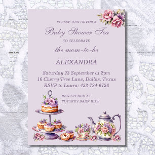 Lilac Pink Floral Whimsical Tea Baby Girl Shower Invitation