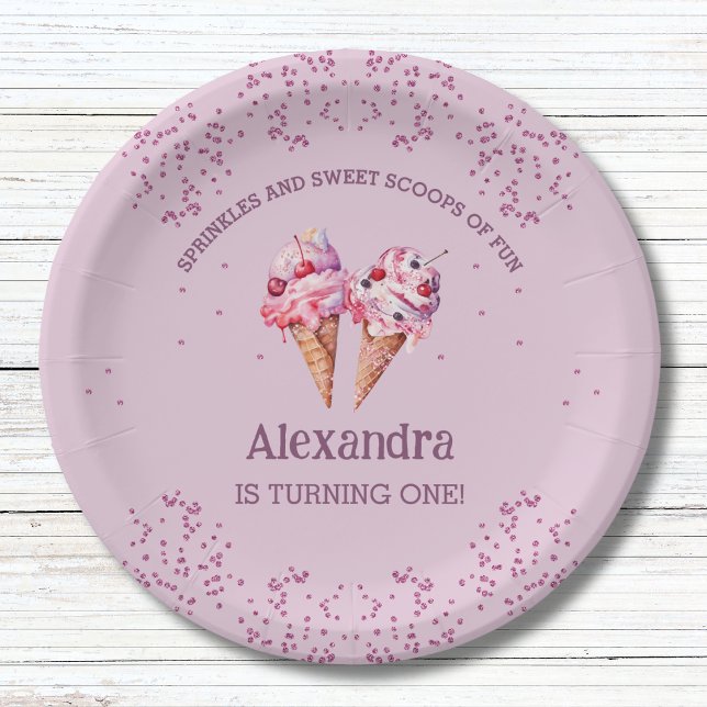 Lilac Pink Girl Ice Cream 1st Birthday Party Paper Plate (Creator Uploaded)