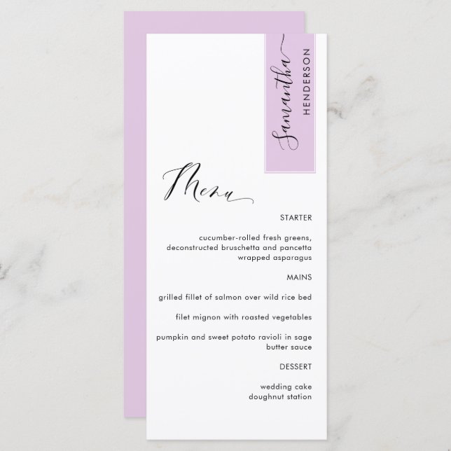 Lilac Pink Personalised with Guest Name Elegant Menu (Front/Back)