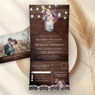 Lilac Pink Roses Mason Jar String Lights Wedding Tri-Fold Invitation