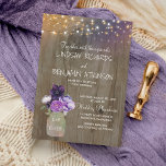Lilac Plum Purple Floral Mason Jar Rustic Wedding Invitation<br><div class="desc">Lilac and plum purple flowers mason jar rustic wedding invitations with barn wood and string lights</div>