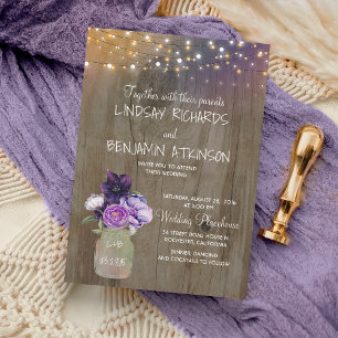 Lilac Plum Purple Floral Mason Jar Rustic Wedding Invitation