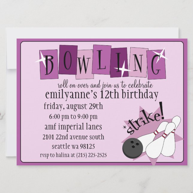 Lilac & Plum Purple Totally Retro Bowling Birthday Invitation (Front)