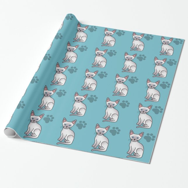Lilac Point Siamese Breed Cat Cartoon Drawing Wrapping Paper (Unrolled)
