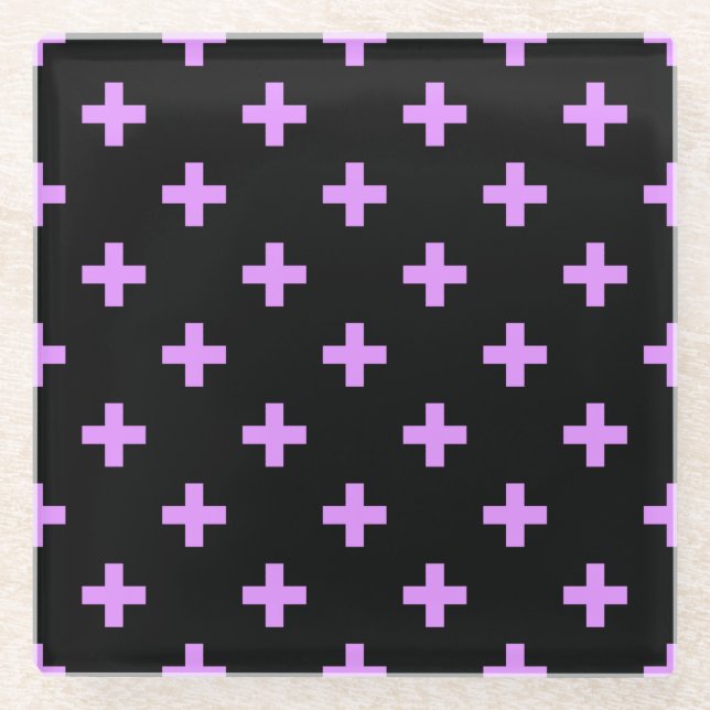 Lilac polka crosses on black glass coaster (Front)
