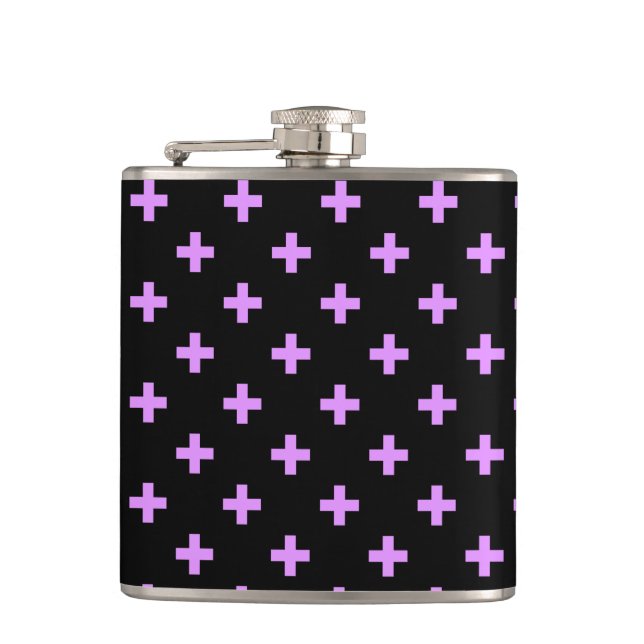 Lilac polka crosses on black hip flask (Front)