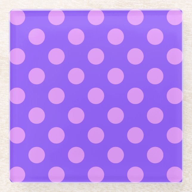 Lilac polka dots on periwinkle glass coaster (Front)