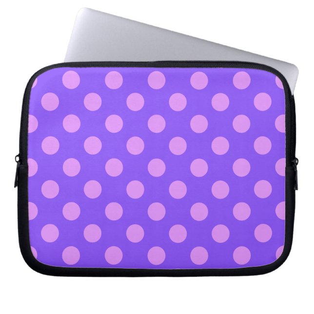 Lilac polka dots on periwinkle laptop sleeve (Front)