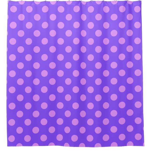 Lilac polka dots on periwinkle shower curtain (Front)