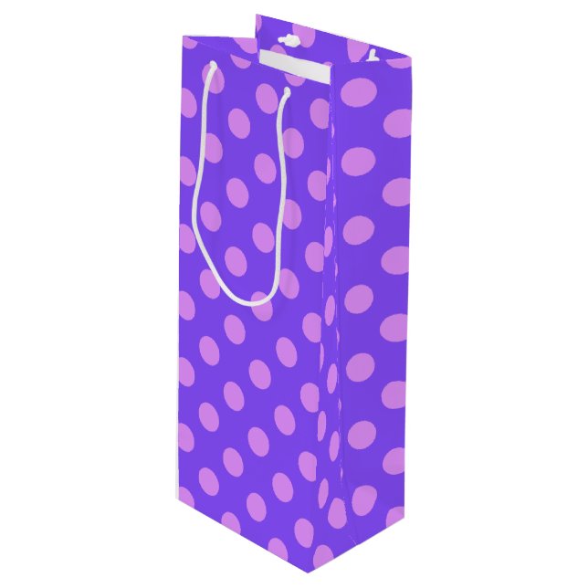 Lilac polka dots on periwinkle wine gift bag (Front Angled)