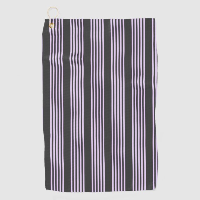 Lilac purple and charcoal five stripes pattern golf towel (Front)