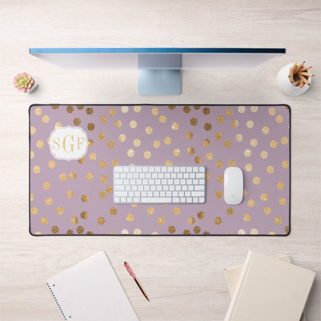 Lilac Purple and Gold Glitter Dot Patterned Desk Mat (Office 1)