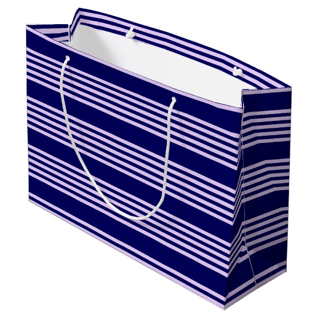 Lilac purple and navy blue five stripes pattern large gift bag (Back Angled)