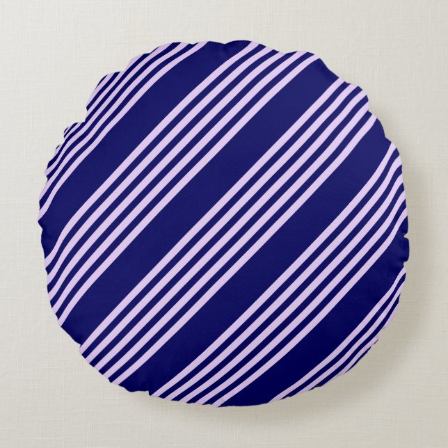 Lilac purple and navy blue five stripes pattern round cushion (Front)