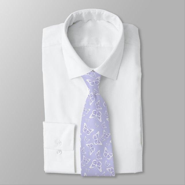 Lilac Purple and White Butterfly Motif Pattern Tie (Tied)