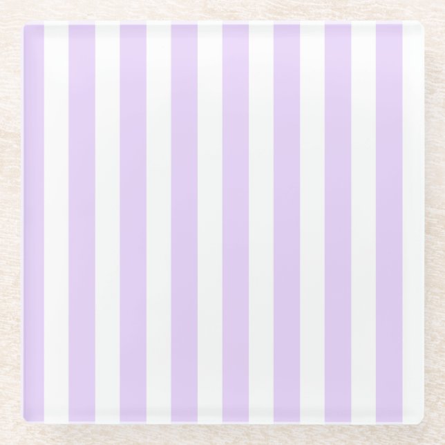 Lilac purple and white candy stripes glass coaster (Front)
