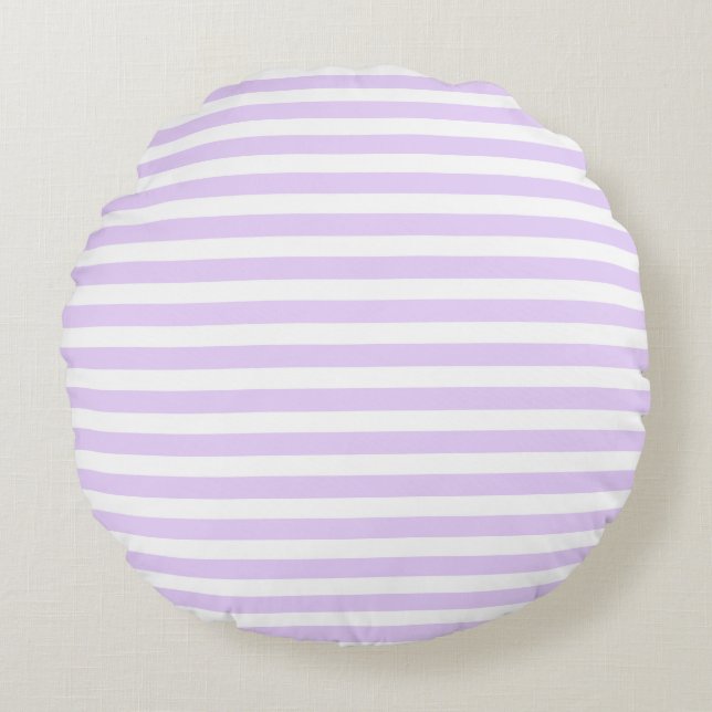 Lilac purple and white candy stripes round cushion (Front)